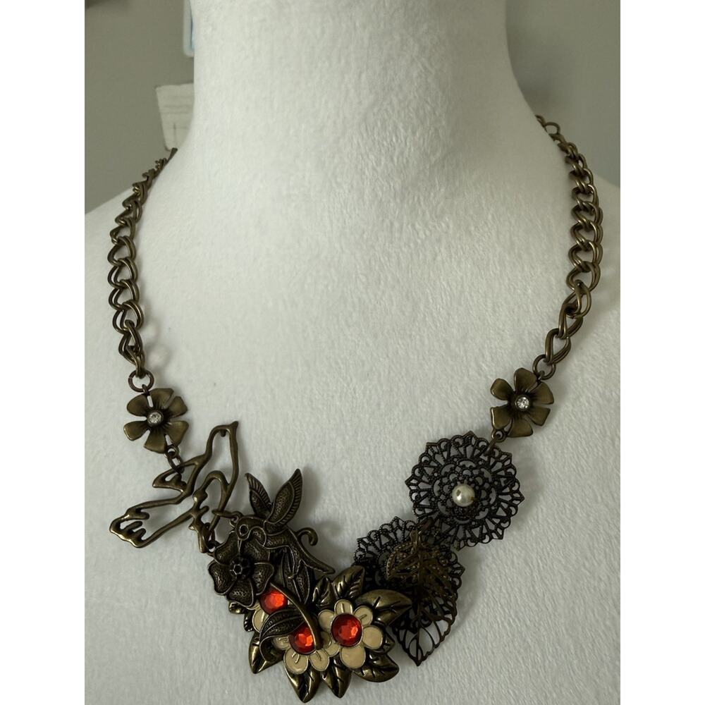 Vintage Statement Necklace Brass Tone Floral Bird Rhinestone Boho Bib Collage - Picture 3 of 10